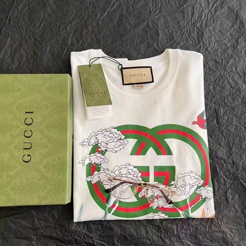 Gucci GG Women Tiger Flower Interlocking G T-Shirt Off-White Cotton Jersey Crewneck Oversize Fit