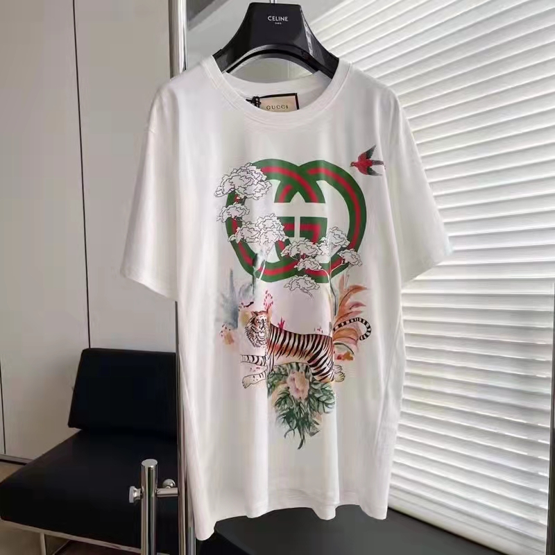 Gucci GG Women Tiger Flower Interlocking G T-Shirt Off-White Cotton Jersey Crewneck Oversize Fit
