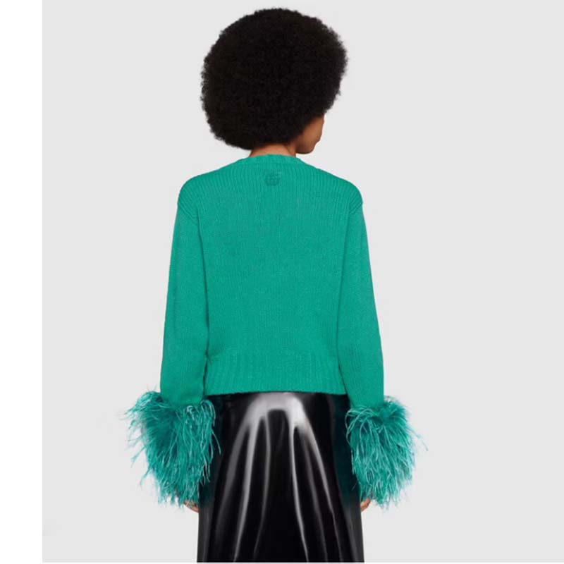 Gucci GG Women Detachable Feathers Wool Sweater Double G Embroidery Crewneck