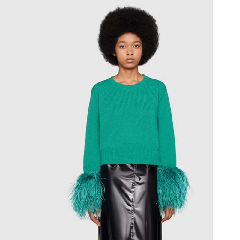 Gucci GG Women Detachable Feathers Wool Sweater Double G Embroidery Crewneck