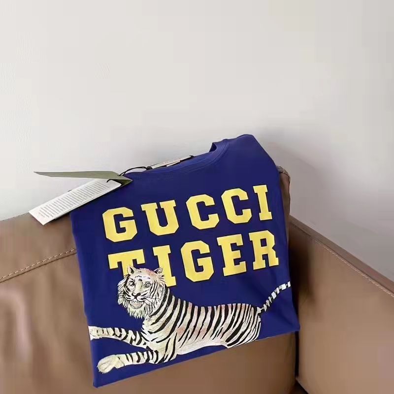 Gucci GG Women Gucci Tiger Cotton T-Shirt Blue Cotton Jersey Crewneck