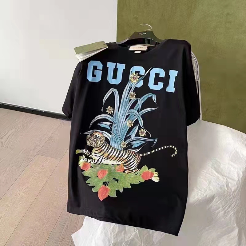 Gucci GG Women Gucci Tiger Flower T-shirt Black Cotton Jersey Crewneck Oversize Fit