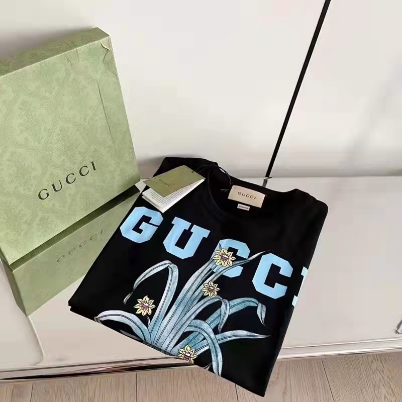 Gucci GG Women Gucci Tiger Flower T-shirt Black Cotton Jersey Crewneck Oversize Fit