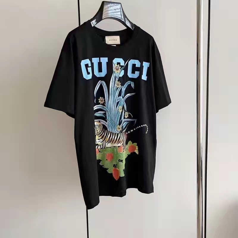 Gucci GG Women Gucci Tiger Flower T-shirt Black Cotton Jersey Crewneck Oversize Fit