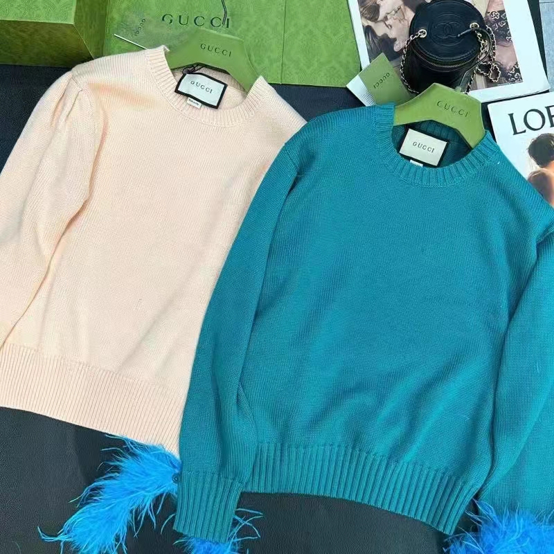 Gucci GG Women Silk Mohair Sweater Feathers Beige Double G Embroidery Crewneck