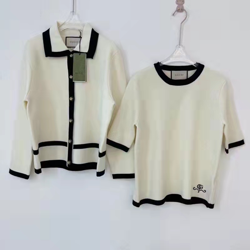 Gucci GG Women Wool GG Piquet Jacquard Polo Shirt Interlocking G Embroidery