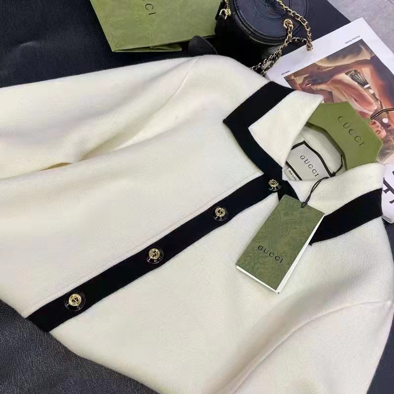Gucci GG Women Wool GG Piquet Jacquard Polo Shirt Interlocking G Embroidery