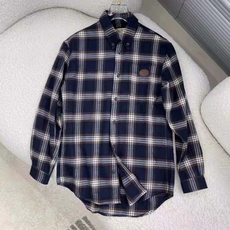 Gucci Women Check Wool Shirt Blue Yellow Check Leather Interlocking G Tag