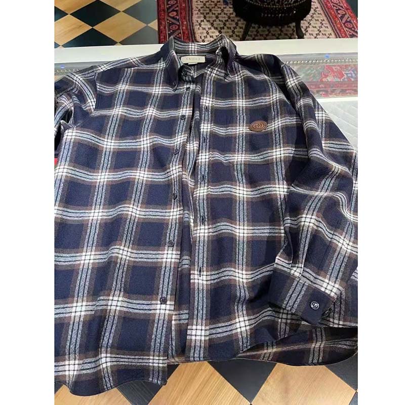 Gucci Women Check Wool Shirt Blue Yellow Check Leather Interlocking G Tag