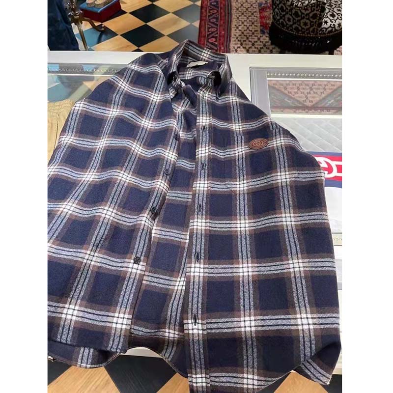 Gucci Women Check Wool Shirt Blue Yellow Check Leather Interlocking G Tag