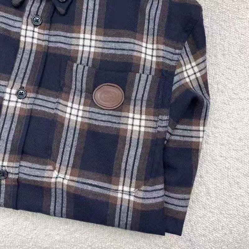 Gucci Women Check Wool Shirt Blue Yellow Check Leather Interlocking G Tag