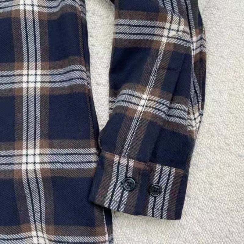 Gucci Women Check Wool Shirt Blue Yellow Check Leather Interlocking G Tag