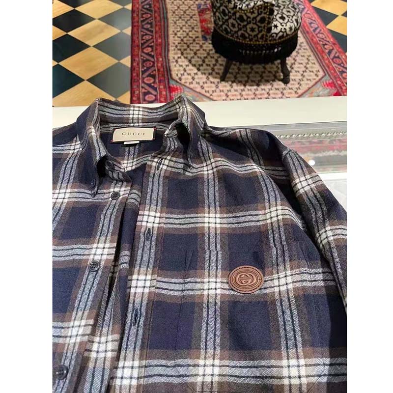 Gucci Women Check Wool Shirt Blue Yellow Check Leather Interlocking G Tag