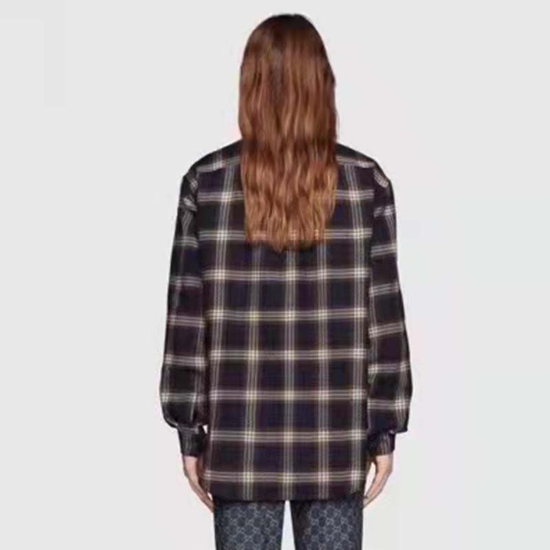Gucci Women Check Wool Shirt Blue Yellow Check Leather Interlocking G Tag