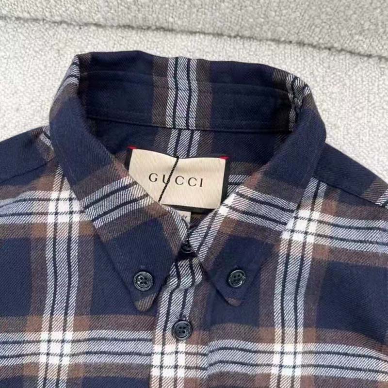 Gucci Women Check Wool Shirt Blue Yellow Check Leather Interlocking G Tag