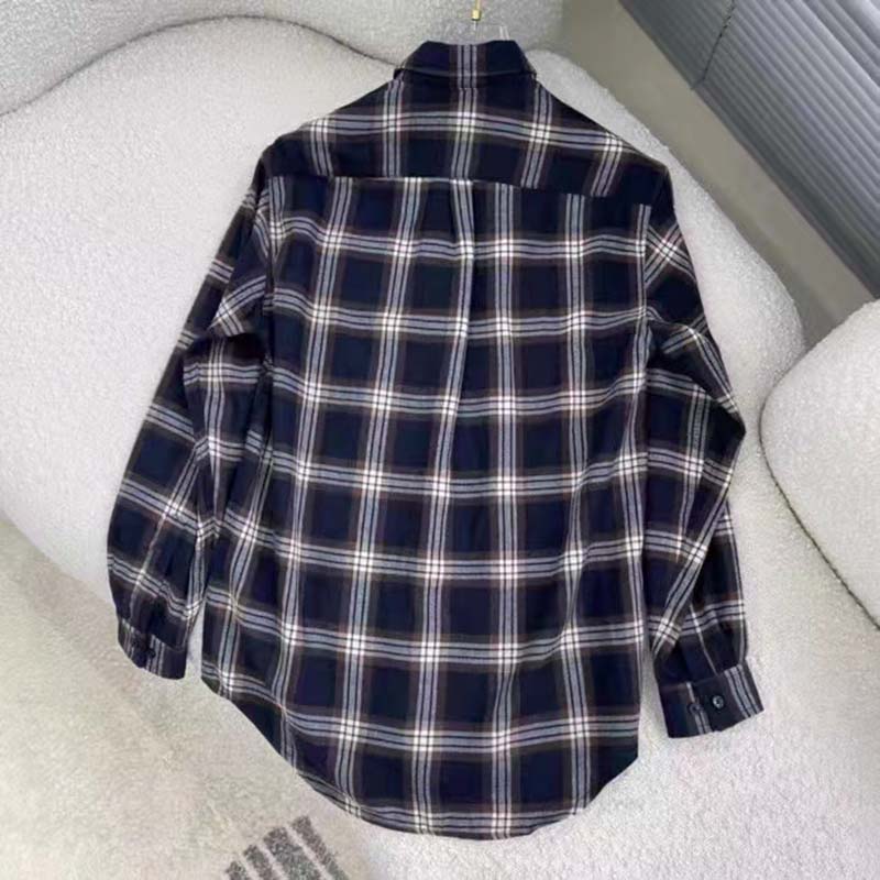 Gucci Women Check Wool Shirt Blue Yellow Check Leather Interlocking G Tag