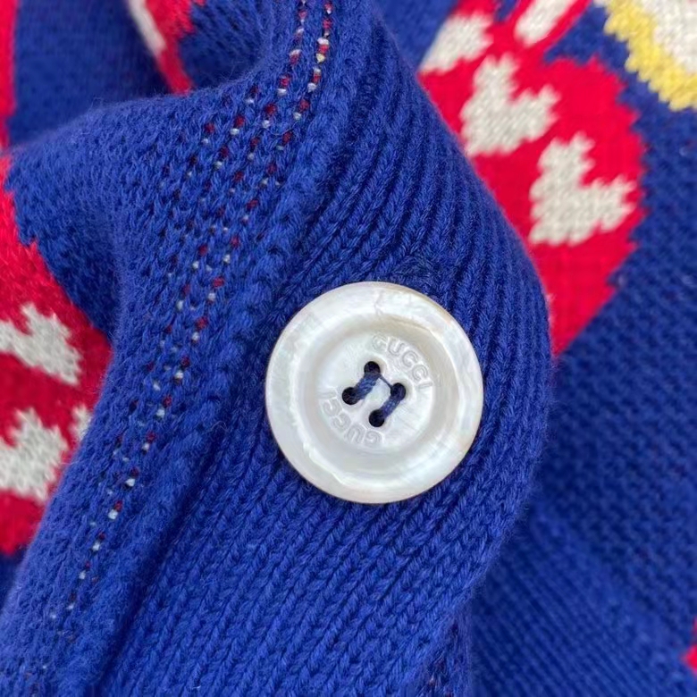 Gucci Men GG Les Pommes Cotton Cardigan Dark Blue Red Apple Knit Cotton Jacquard