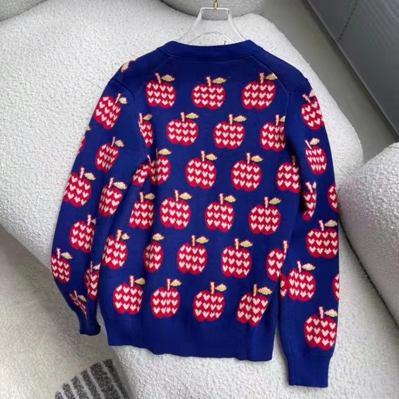 Gucci Men GG Les Pommes Cotton Cardigan Dark Blue Red Apple Knit Cotton Jacquard