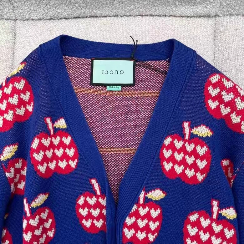 Gucci Men GG Les Pommes Cotton Cardigan Dark Blue Red Apple Knit Cotton Jacquard