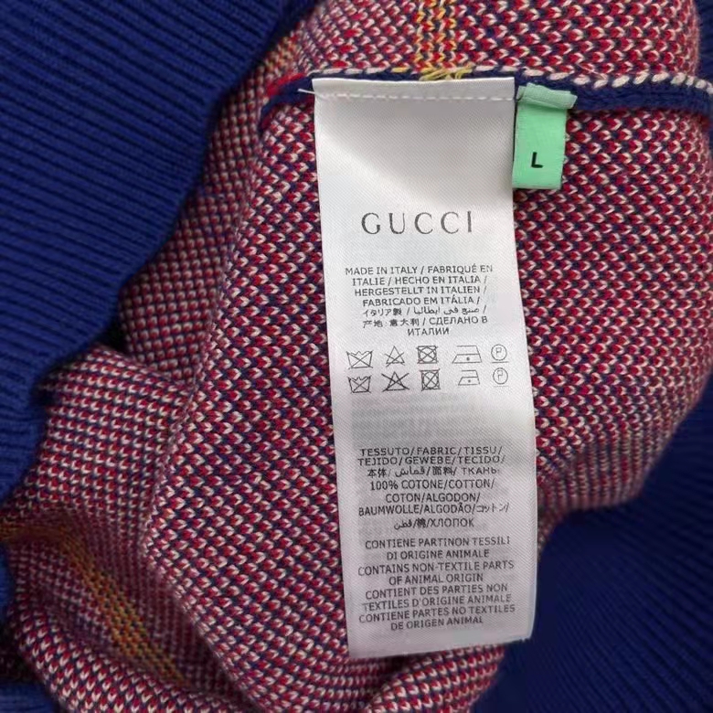 Gucci Men GG Les Pommes Cotton Cardigan Dark Blue Red Apple Knit Cotton Jacquard