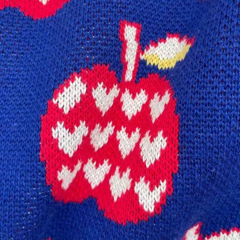 Gucci Men GG Les Pommes Cotton Cardigan Dark Blue Red Apple Knit Cotton Jacquard