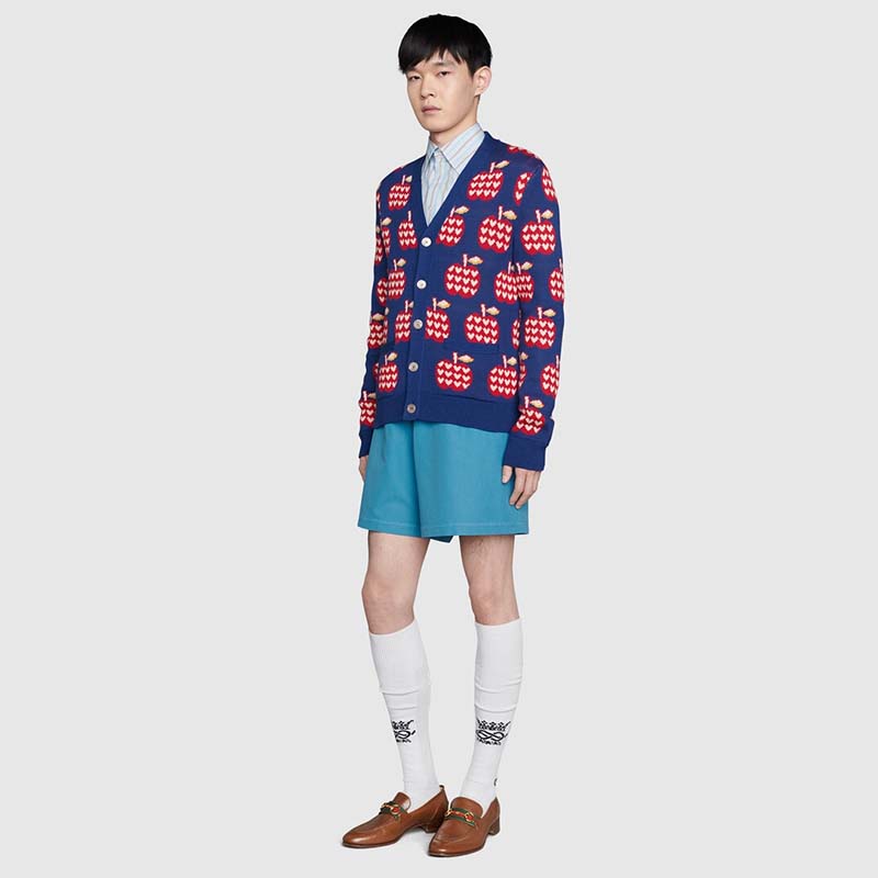 Gucci Men GG Les Pommes Cotton Cardigan Dark Blue Red Apple Knit Cotton Jacquard