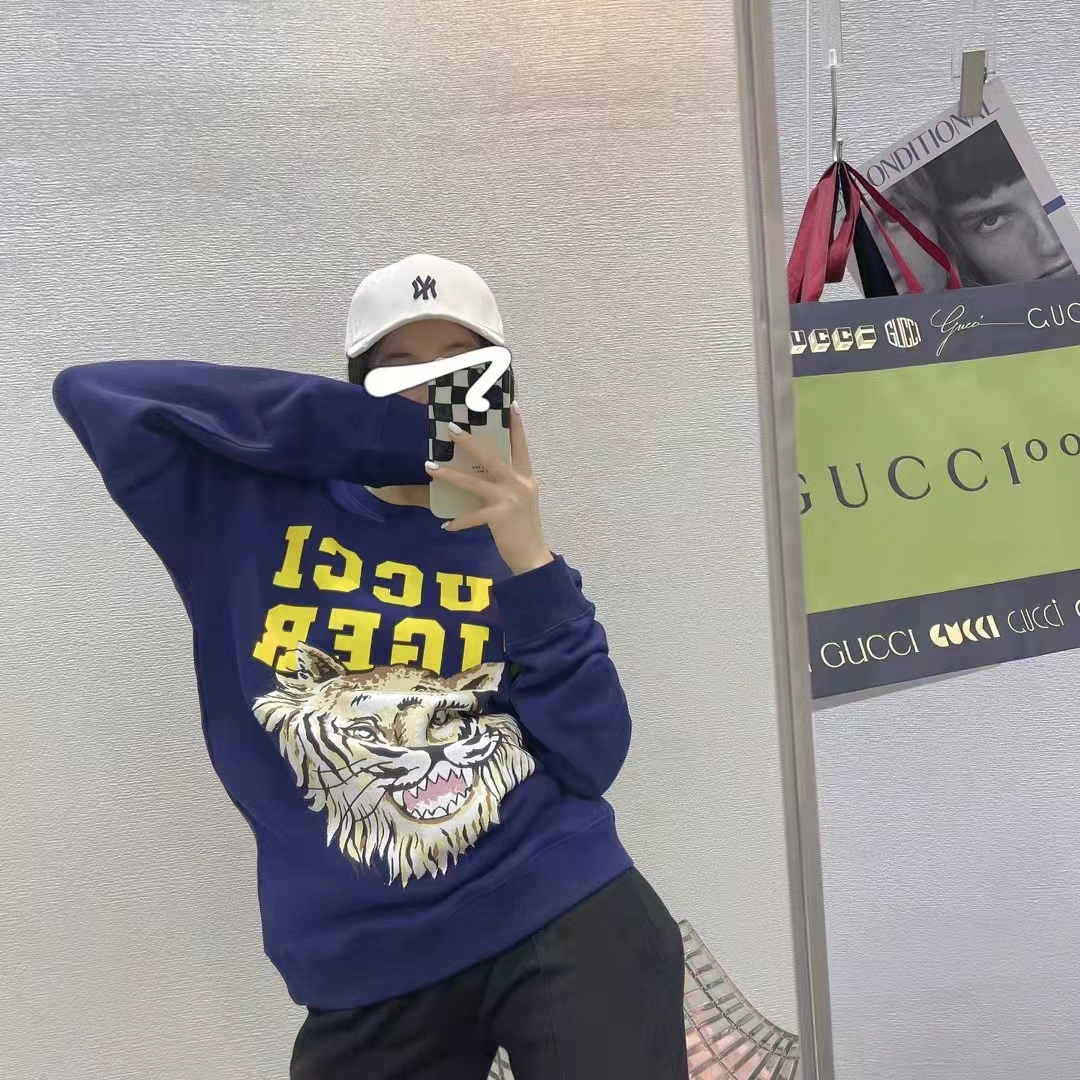 Gucci Women GG Tiger Cotton Sweatshirt Blue Felted Jersey Crewneck