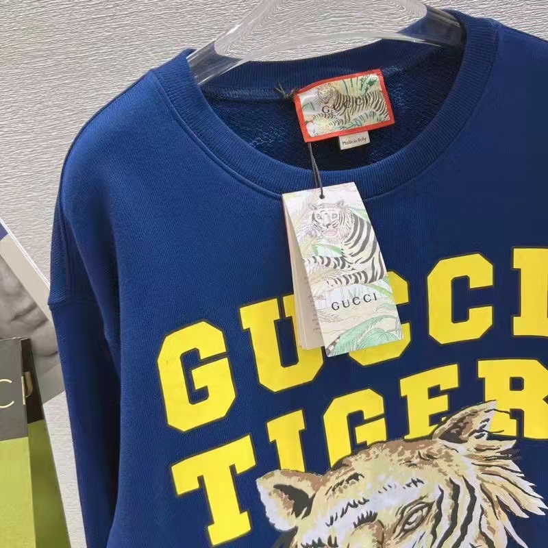 Gucci Women GG Tiger Cotton Sweatshirt Blue Felted Jersey Crewneck