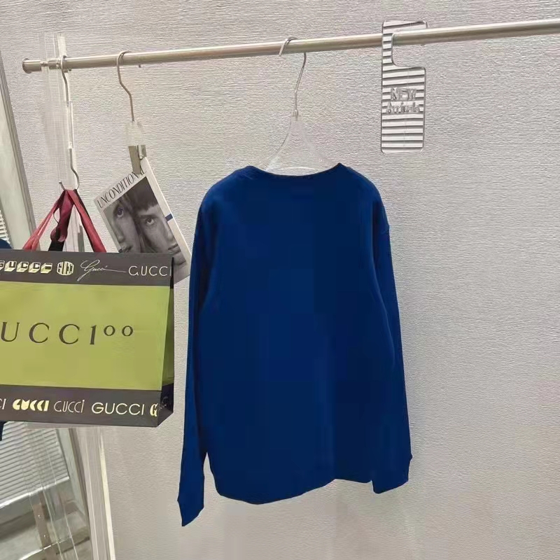 Gucci Women GG Tiger Cotton Sweatshirt Blue Felted Jersey Crewneck