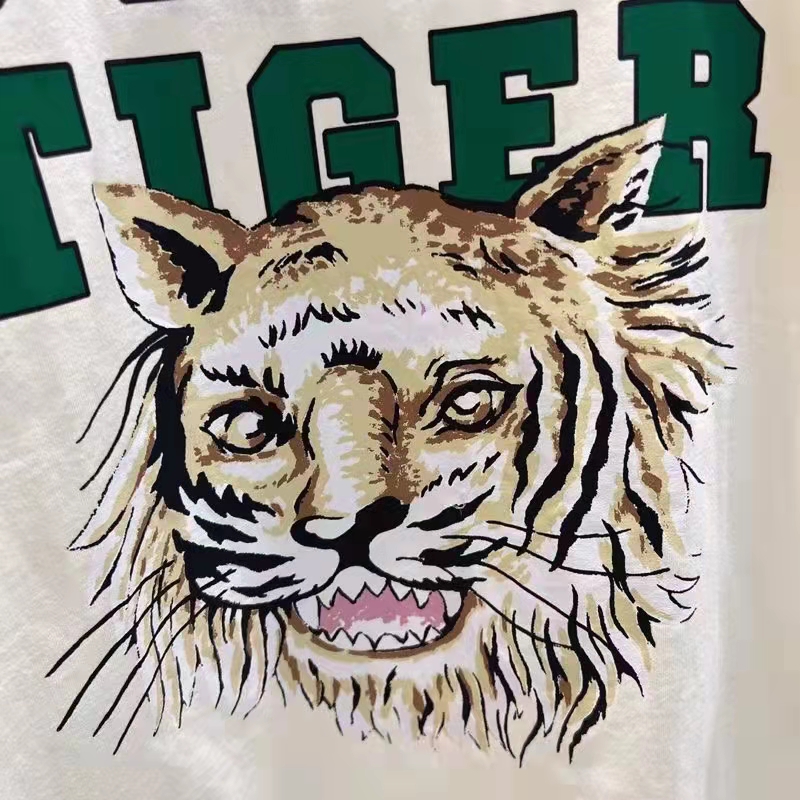 Gucci Women GG Tiger Cotton T-Shirt White Jersey Tiger Head Crewneck