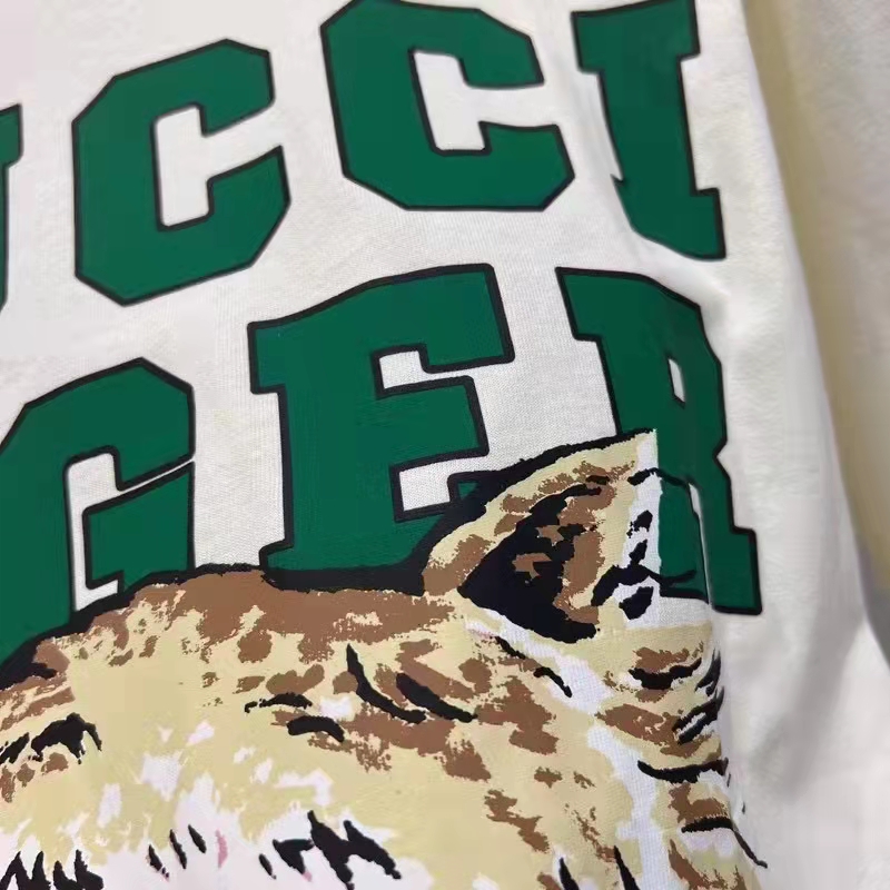 Gucci Women GG Tiger Cotton T-Shirt White Jersey Tiger Head Crewneck
