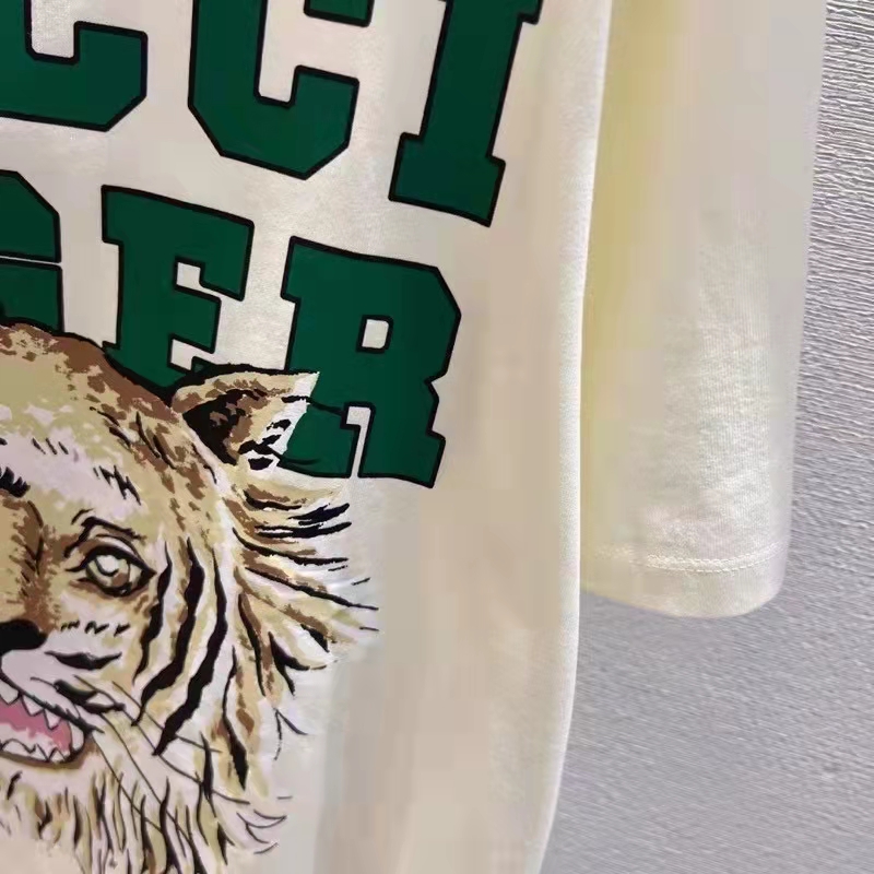 Gucci Women GG Tiger Cotton T-Shirt White Jersey Tiger Head Crewneck