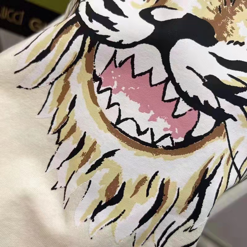 Gucci Women GG Tiger Cotton T-Shirt White Jersey Tiger Head Crewneck