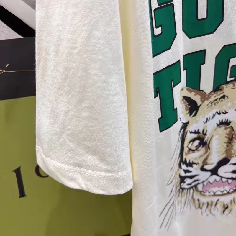 Gucci Women GG Tiger Cotton T-Shirt White Jersey Tiger Head Crewneck