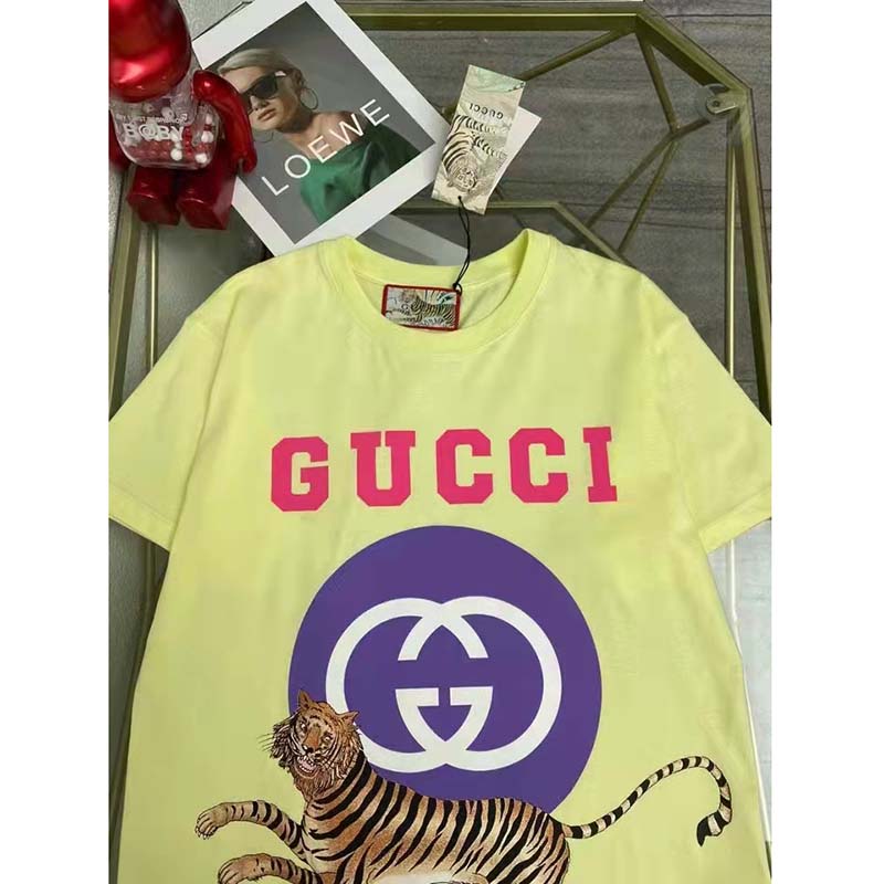 Gucci Men GG Tiger Interlocking G T-Shirt Yellow Cotton Jersey Flower Crewneck Oversize Fit