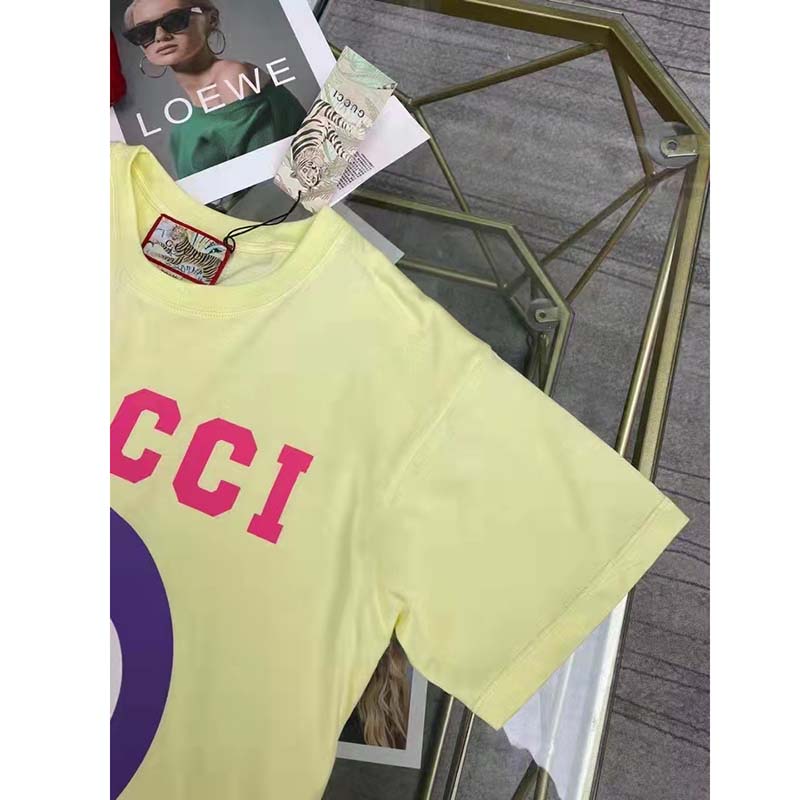 Gucci Men GG Tiger Interlocking G T-Shirt Yellow Cotton Jersey Flower Crewneck Oversize Fit