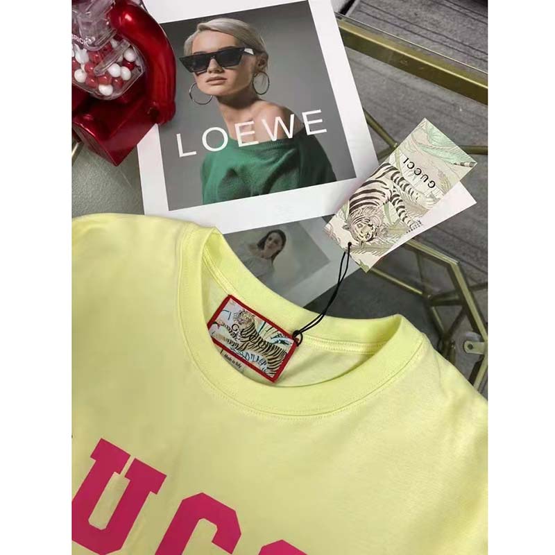 Gucci Men GG Tiger Interlocking G T-Shirt Yellow Cotton Jersey Flower Crewneck Oversize Fit