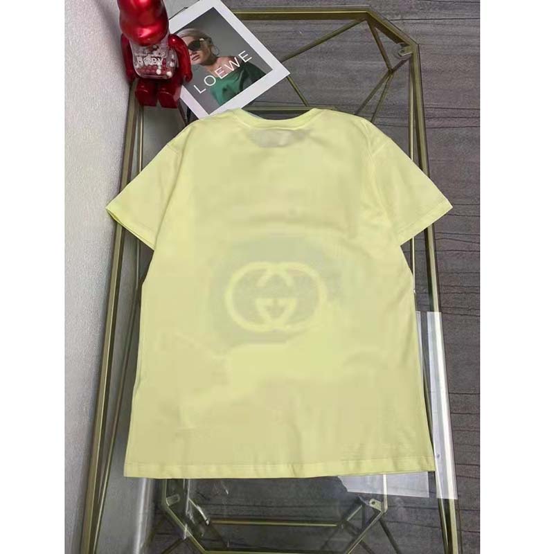 Gucci Men GG Tiger Interlocking G T-Shirt Yellow Cotton Jersey Flower Crewneck Oversize Fit