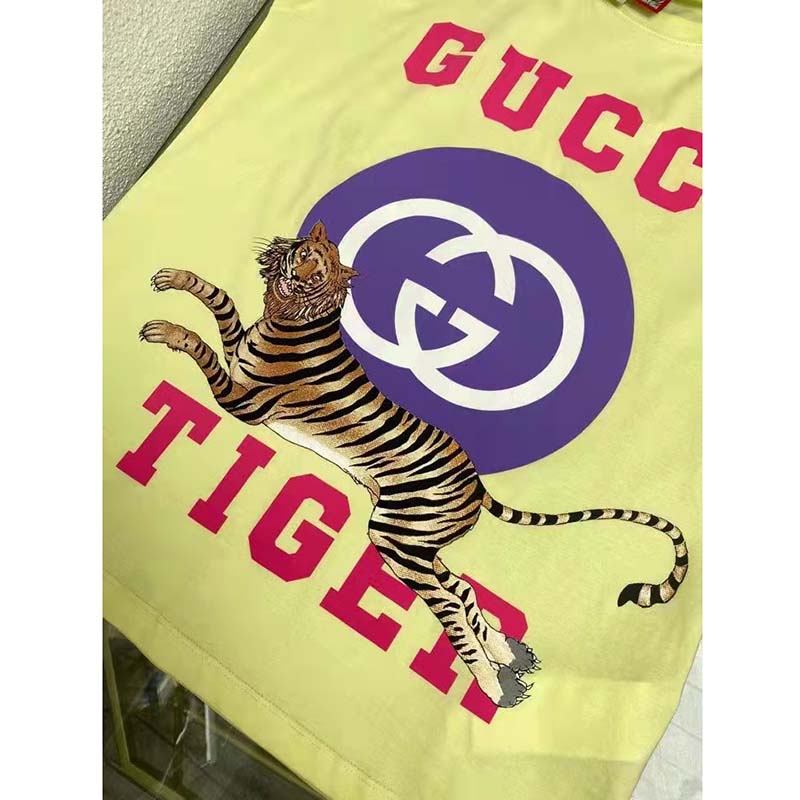 Gucci Men GG Tiger Interlocking G T-Shirt Yellow Cotton Jersey Flower Crewneck Oversize Fit