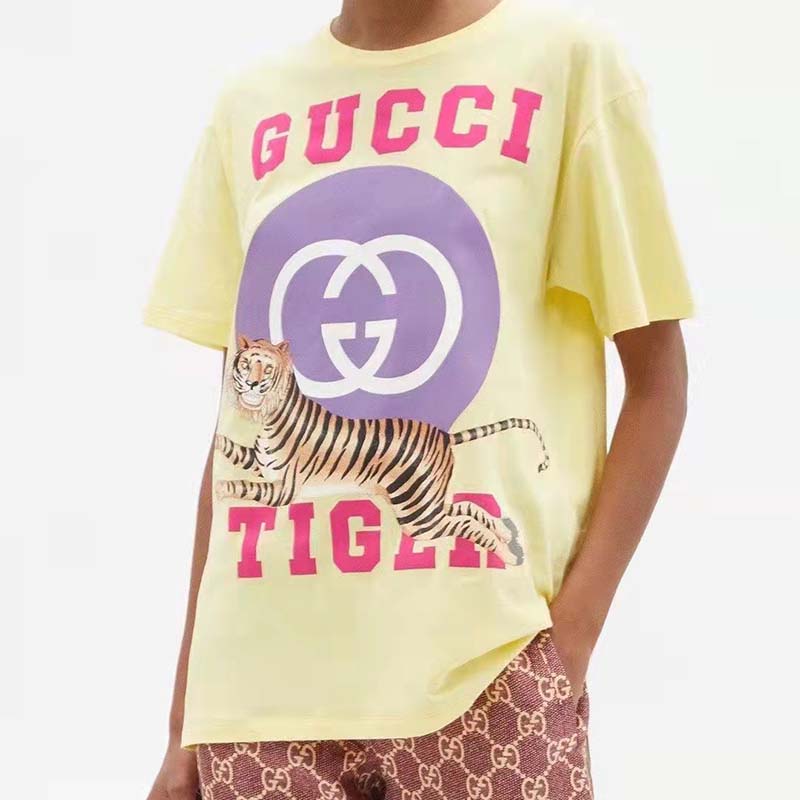 Gucci Men GG Tiger Interlocking G T-Shirt Yellow Cotton Jersey Flower Crewneck Oversize Fit