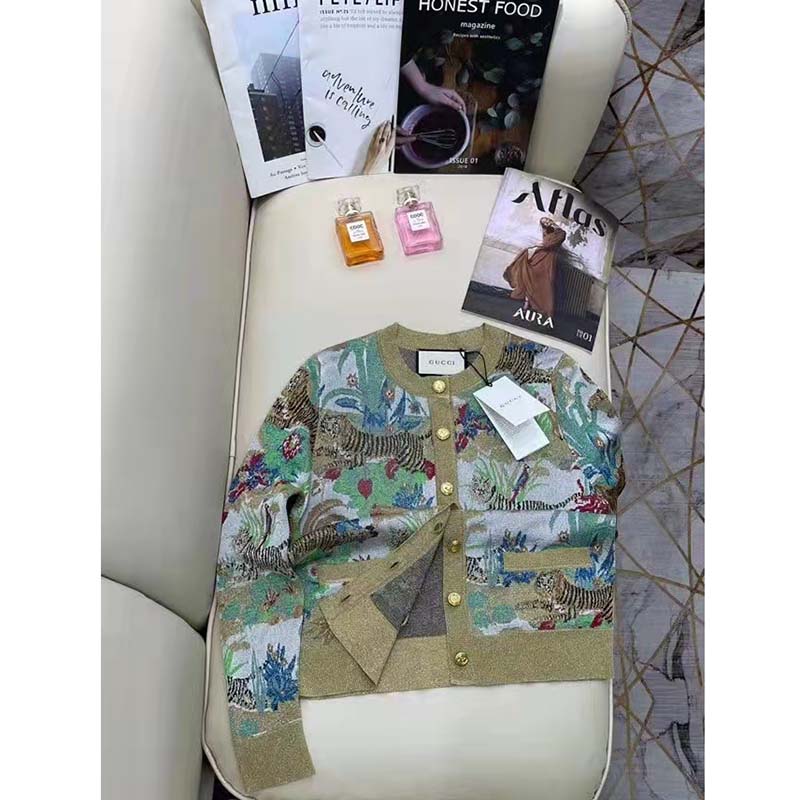 Gucci Women GG Tiger Jacquard Cardigan Gold Green Tiger Flower Extra Fine Lurex Crewneck