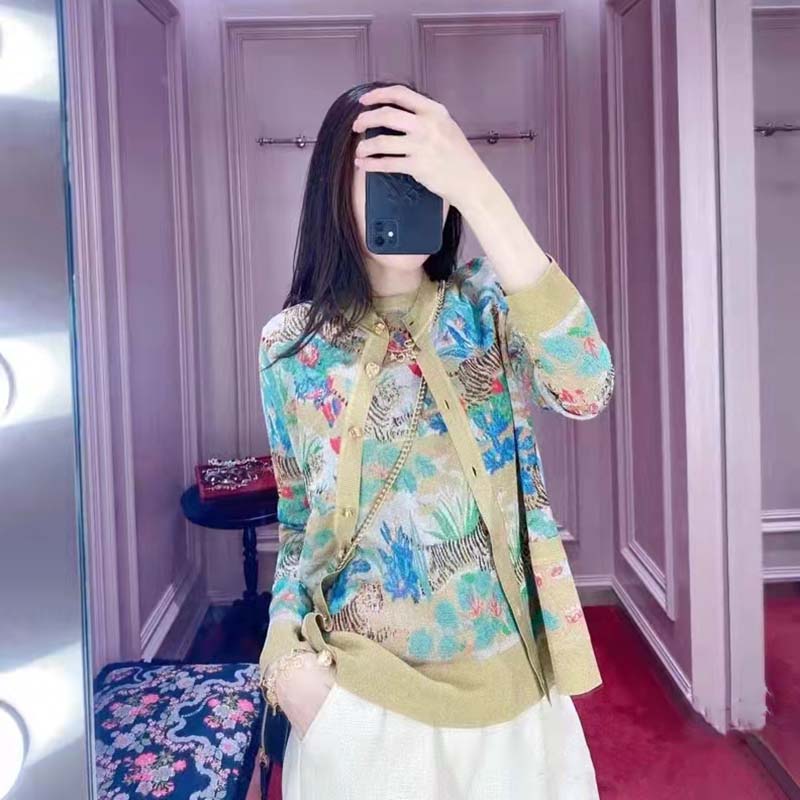 Gucci Women GG Tiger Jacquard Cardigan Gold Green Tiger Flower Extra Fine Lurex Crewneck