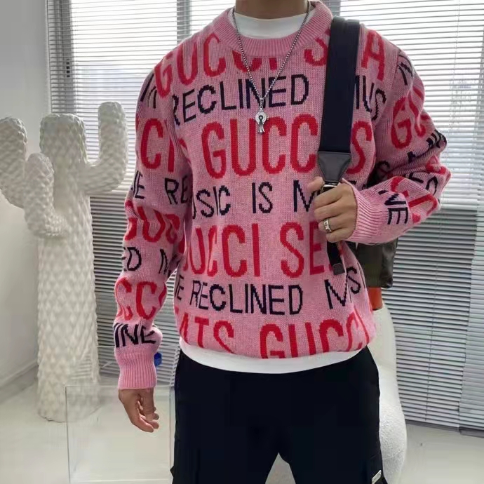 Gucci Men Gucci 100 Wool Sweater Pink Red Knit Wool Crew Neck