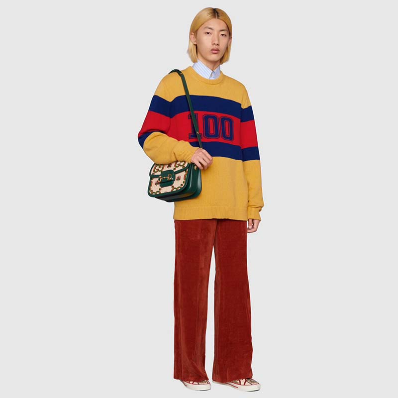 Gucci Men Gucci 100 Wool Sweater Yellow Wool Blue Red Web 100 Intarsia