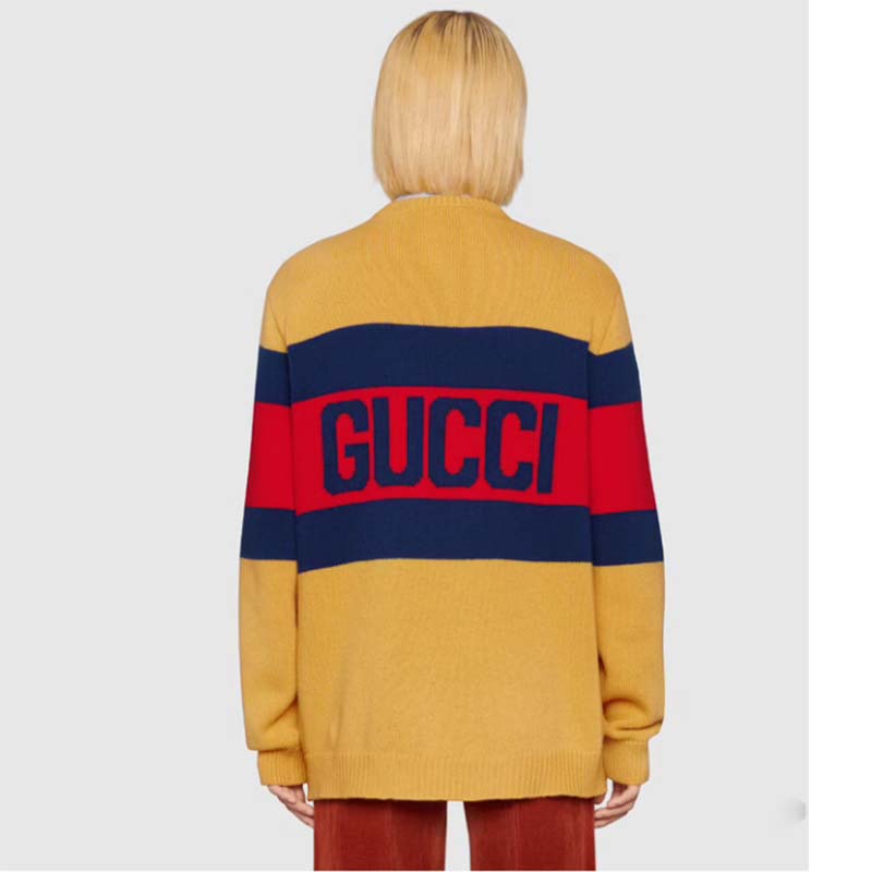 Gucci Men Gucci 100 Wool Sweater Yellow Wool Blue Red Web 100 Intarsia