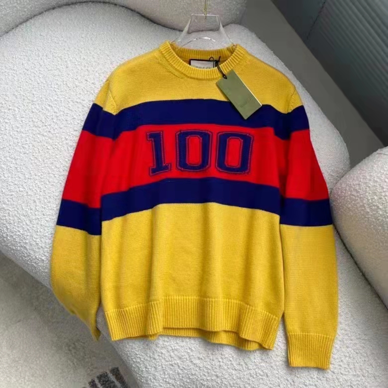 Gucci Men Gucci 100 Wool Sweater Yellow Wool Blue Red Web 100 Intarsia