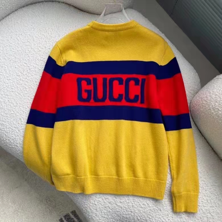 Gucci Men Gucci 100 Wool Sweater Yellow Wool Blue Red Web 100 Intarsia