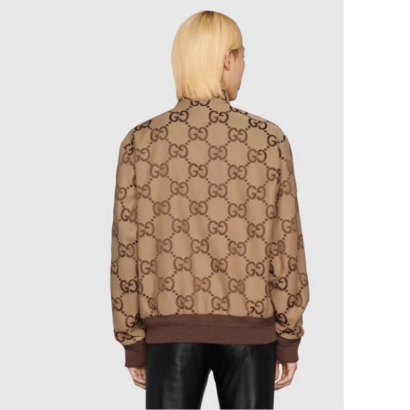 Gucci Men Jumbo GG Canvas Jacket Beige Ebony Jumbo Cotton Wool Leather