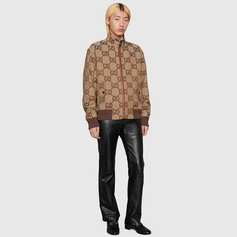 Gucci Men Jumbo GG Canvas Jacket Beige Ebony Jumbo Cotton Wool Leather