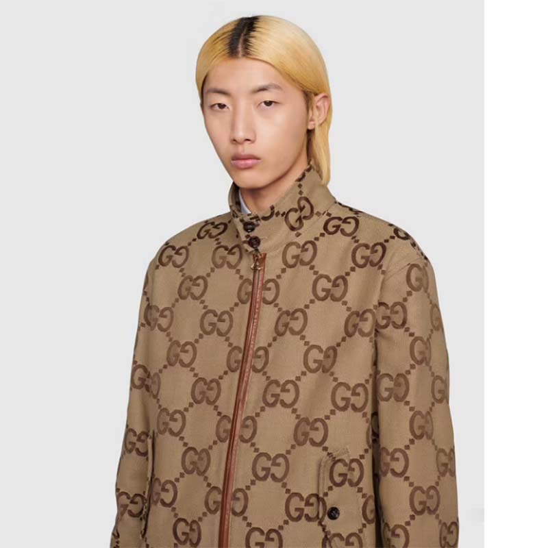 Gucci Men Jumbo GG Canvas Jacket Beige Ebony Jumbo Cotton Wool Leather